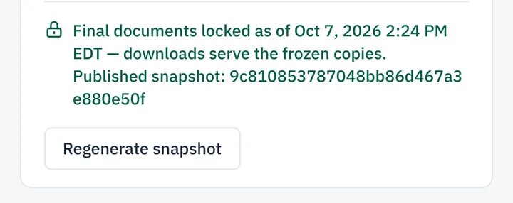 Sample data: award page lock line stating the final documents are locked and downloads serve the frozen copies, with a published snapshot ID.